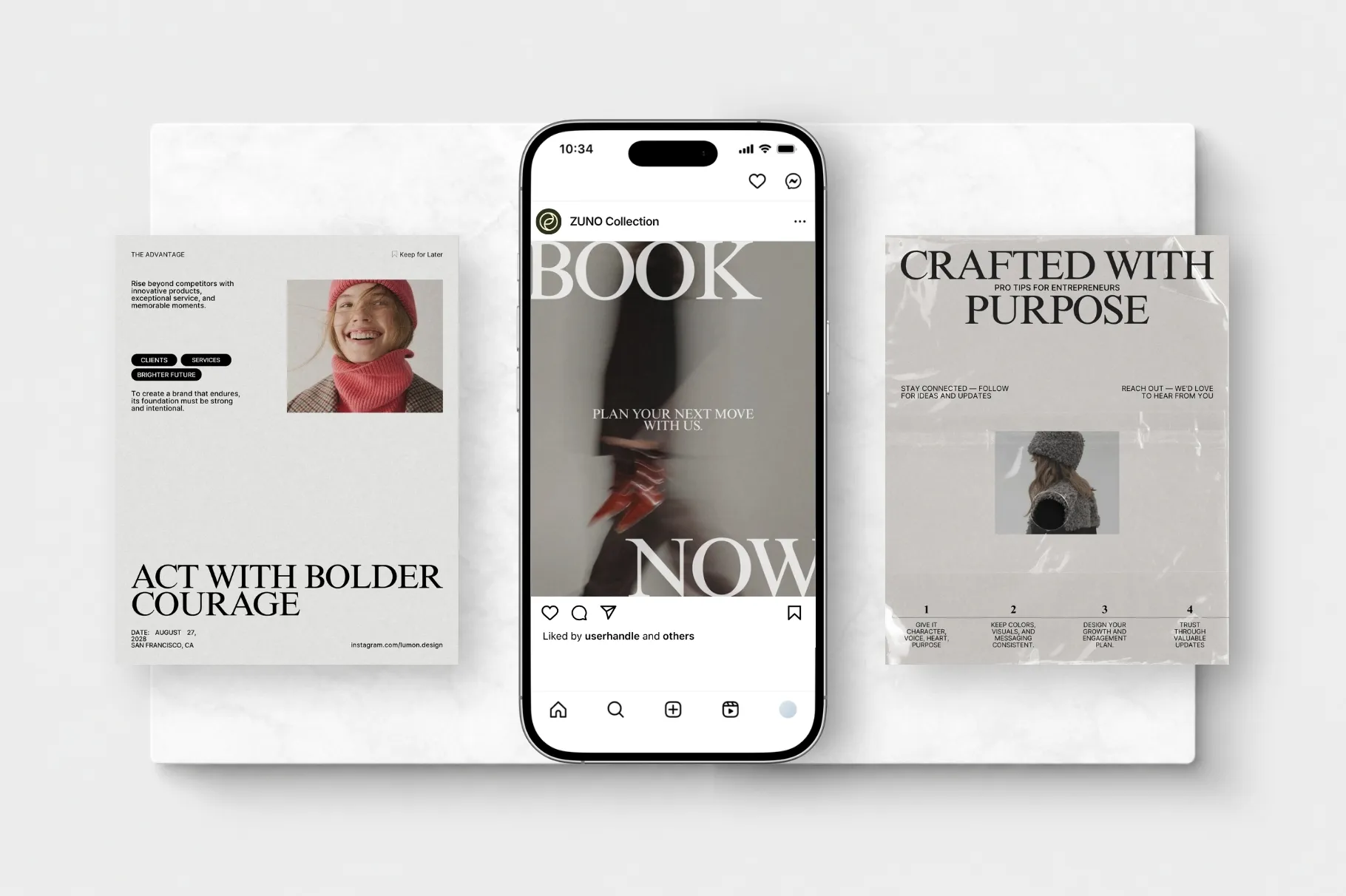 ZUNO Instagram Posts Kit displayed in a smartphone mockup with modern promotional Instagram post designs and editorial layouts.