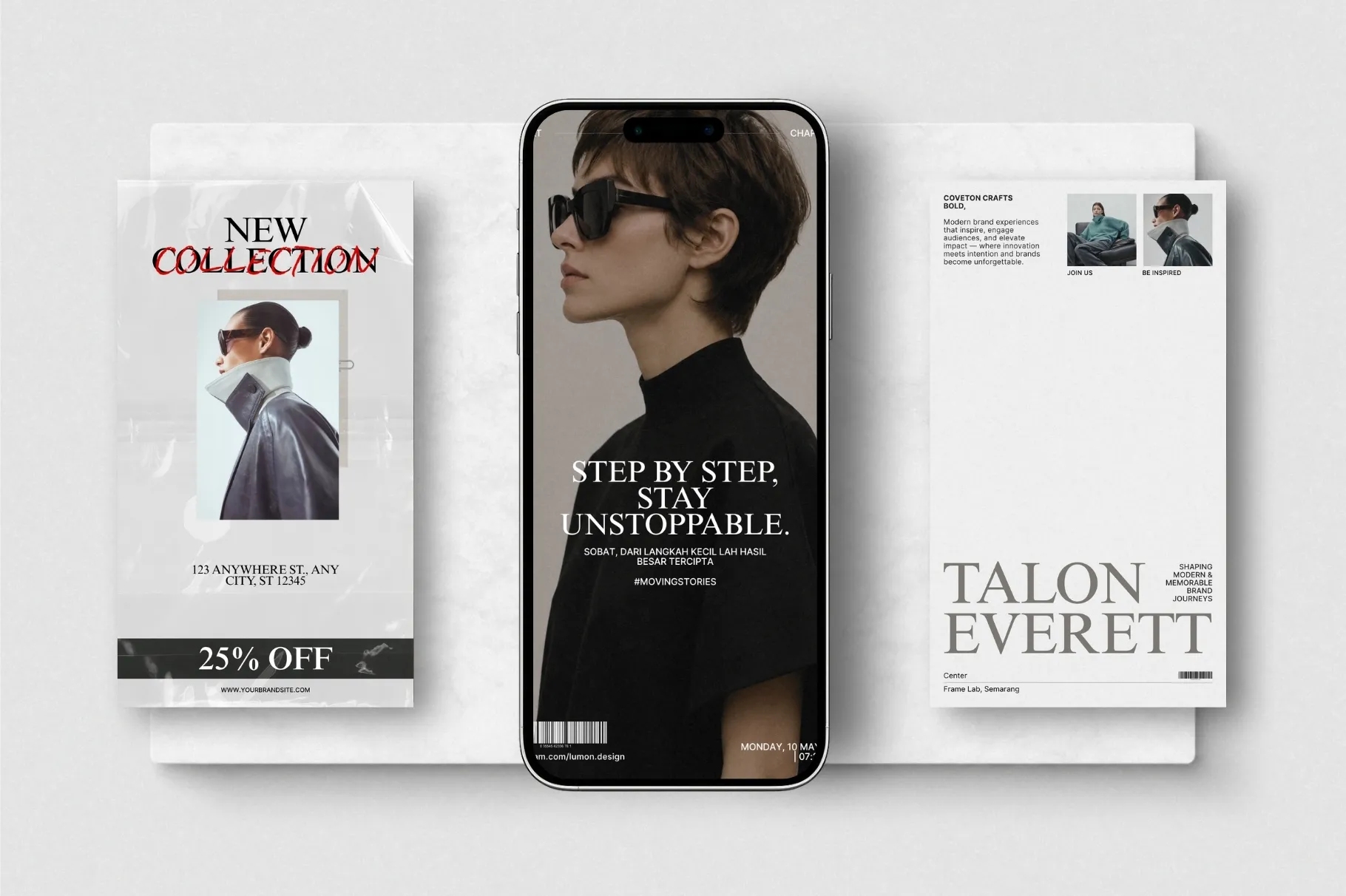 ZUNO Instagram Stories Kit displayed in a smartphone mockup with modern promotional Story designs, product imagery, and editorial layouts.
