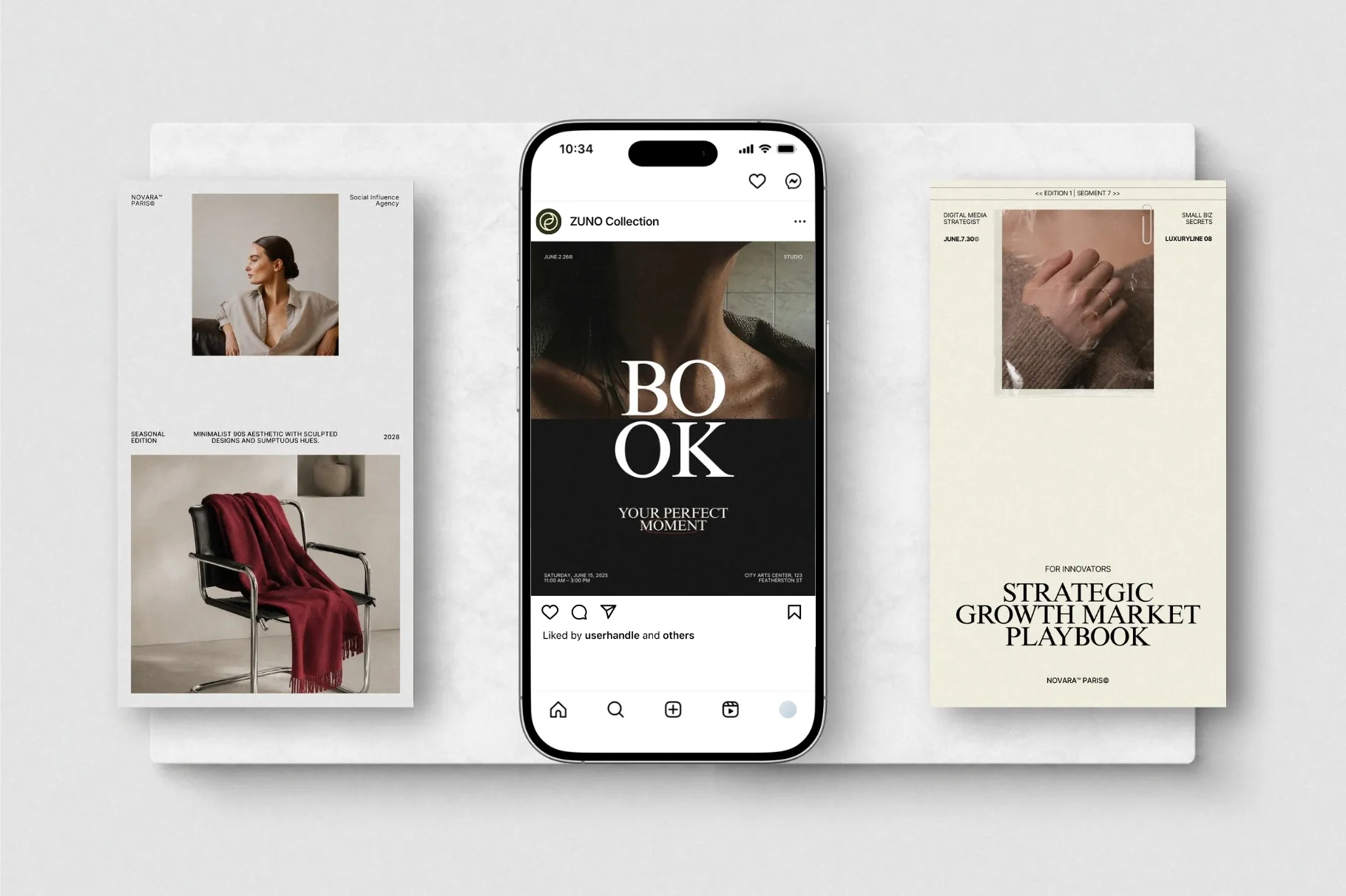 ZUNO Instagram Posts & Stories Kit displayed in a smartphone mockup with modern Instagram designs, promotional content, and clean typography.