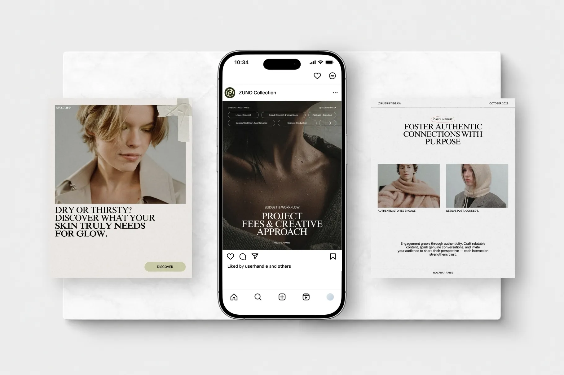 ZUNO Instagram Posts Kit displayed in a smartphone mockup with modern Instagram post designs, editorial imagery, and clean typography.