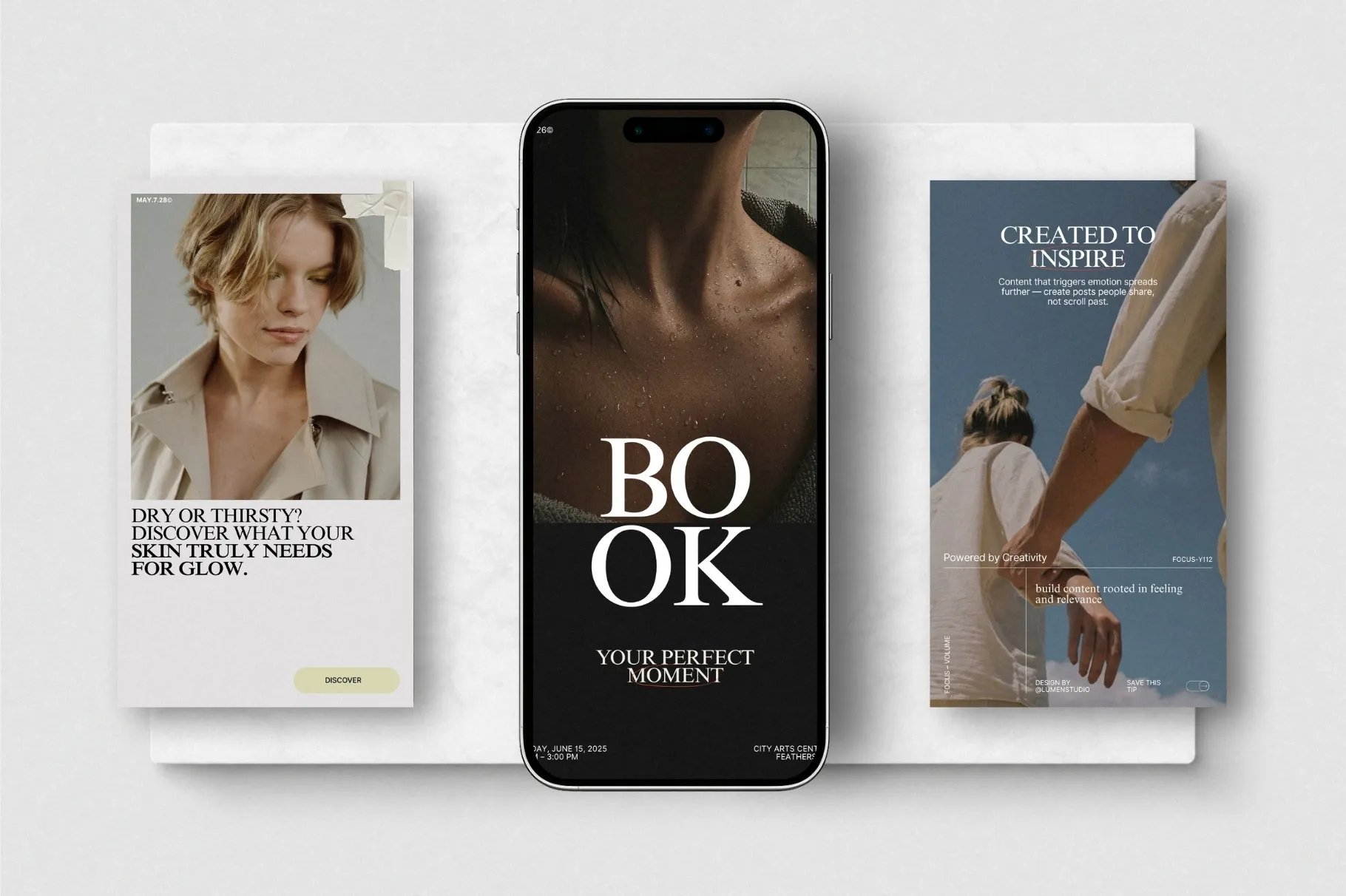 ZUNO Instagram Stories Kit displayed in a smartphone mockup with modern Story designs, fashion imagery, promotional content, and clean typography.