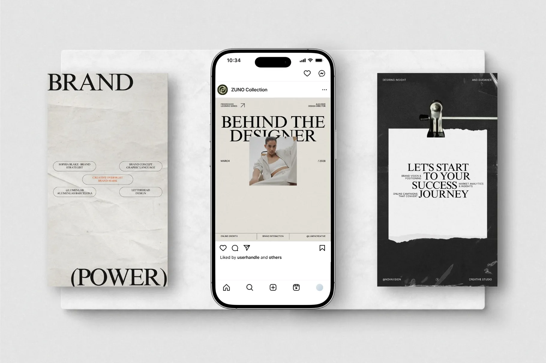 ZUNO Instagram Posts & Stories Kit displayed in a smartphone mockup with modern Instagram designs, brand content, and editorial typography.