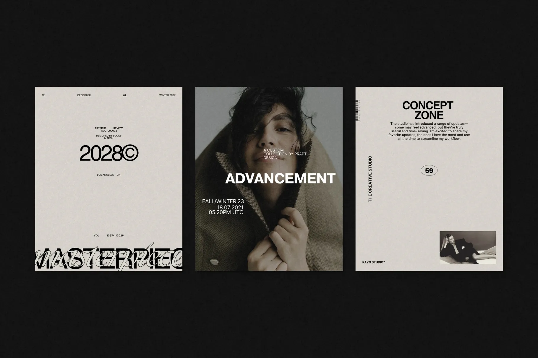 RAYO Instagram post templates featuring minimalist layouts, muted colors, editorial typography, and photography.