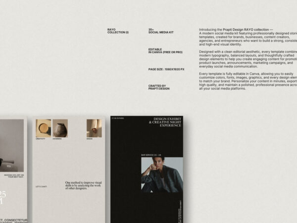 RAYO Instagram Story templates featuring minimalist layouts, photography, typography, and branded content.