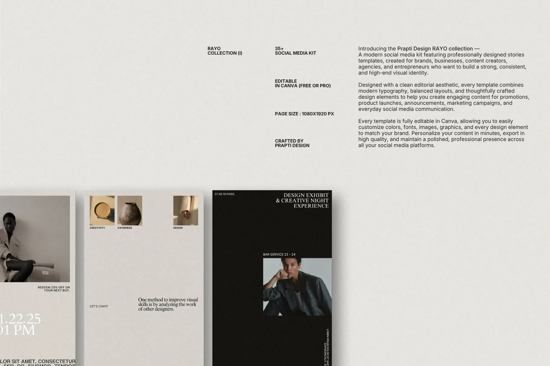 RAYO Instagram Story templates featuring minimalist layouts, photography, typography, and branded content.
