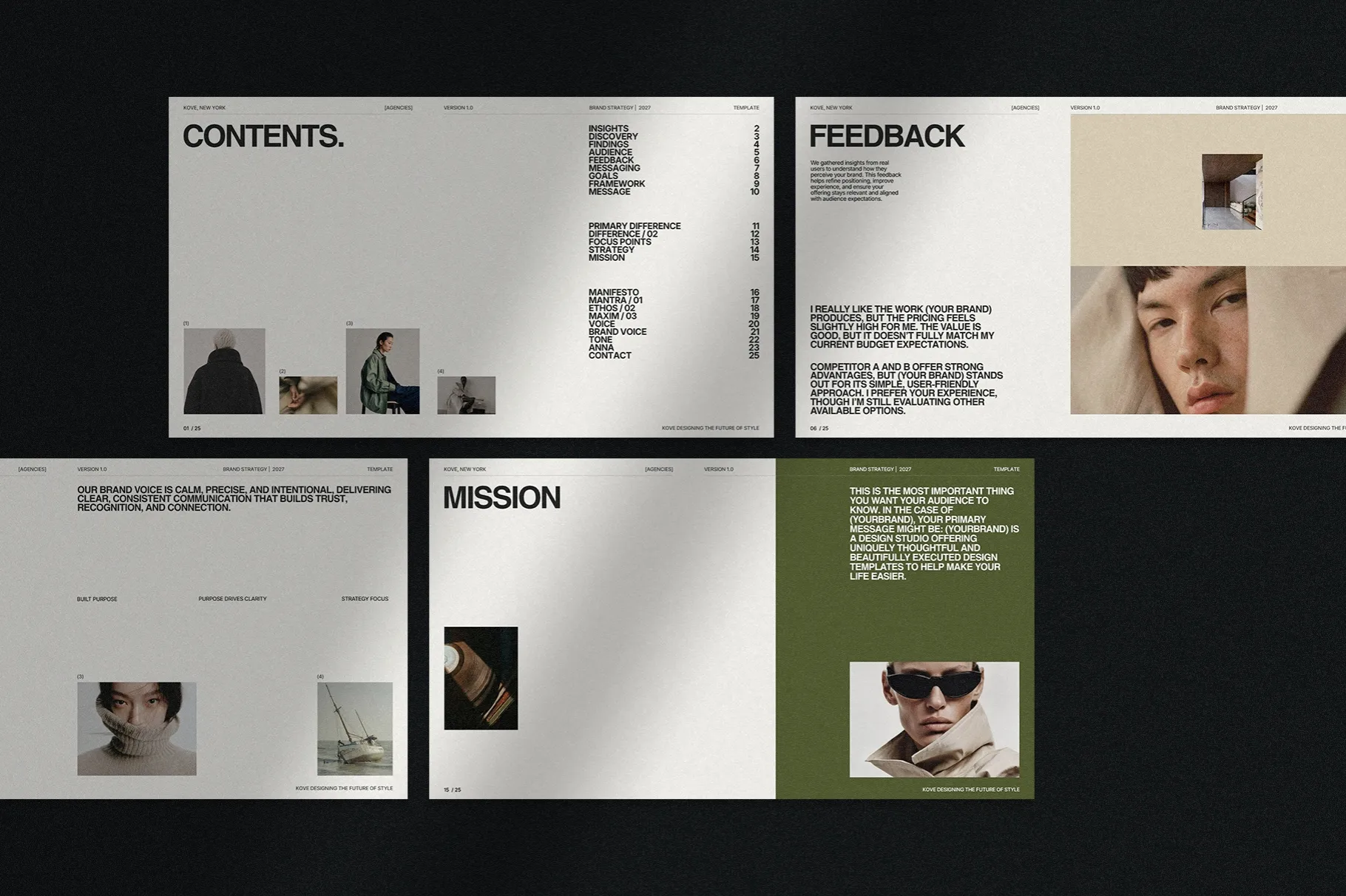 KOVE Brand Strategy Template featuring presentation pages for content, feedback, mission, and brand strategy.