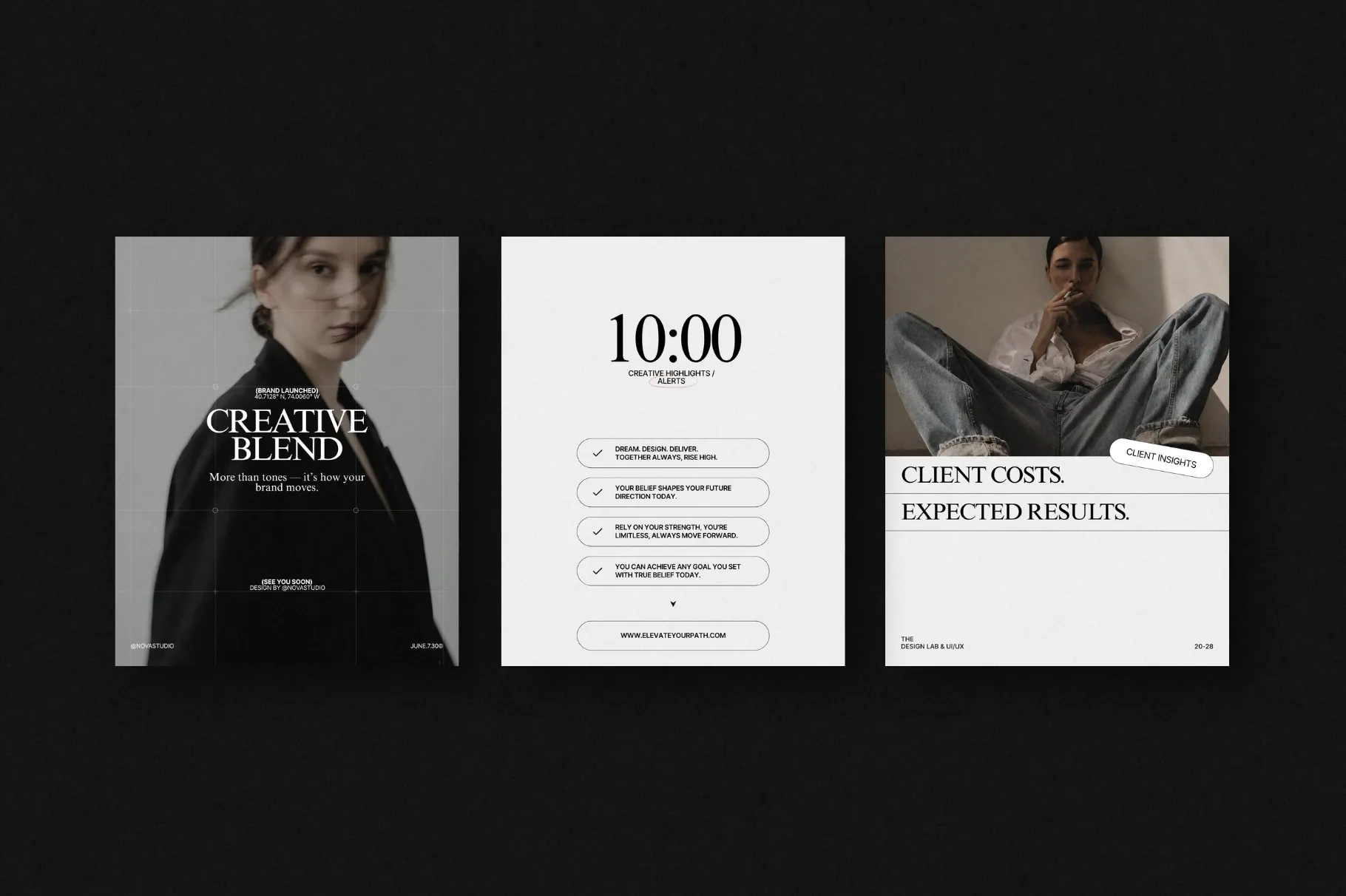 ZUNO Instagram Posts & Stories Kit featuring professional layouts for brand messaging, schedules, promotions, and social media content.