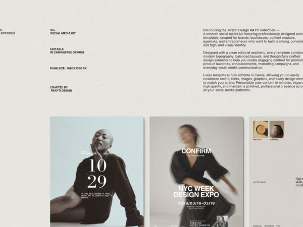 RAYO Instagram post templates featuring modern layouts, photography, typography, and promotional content.