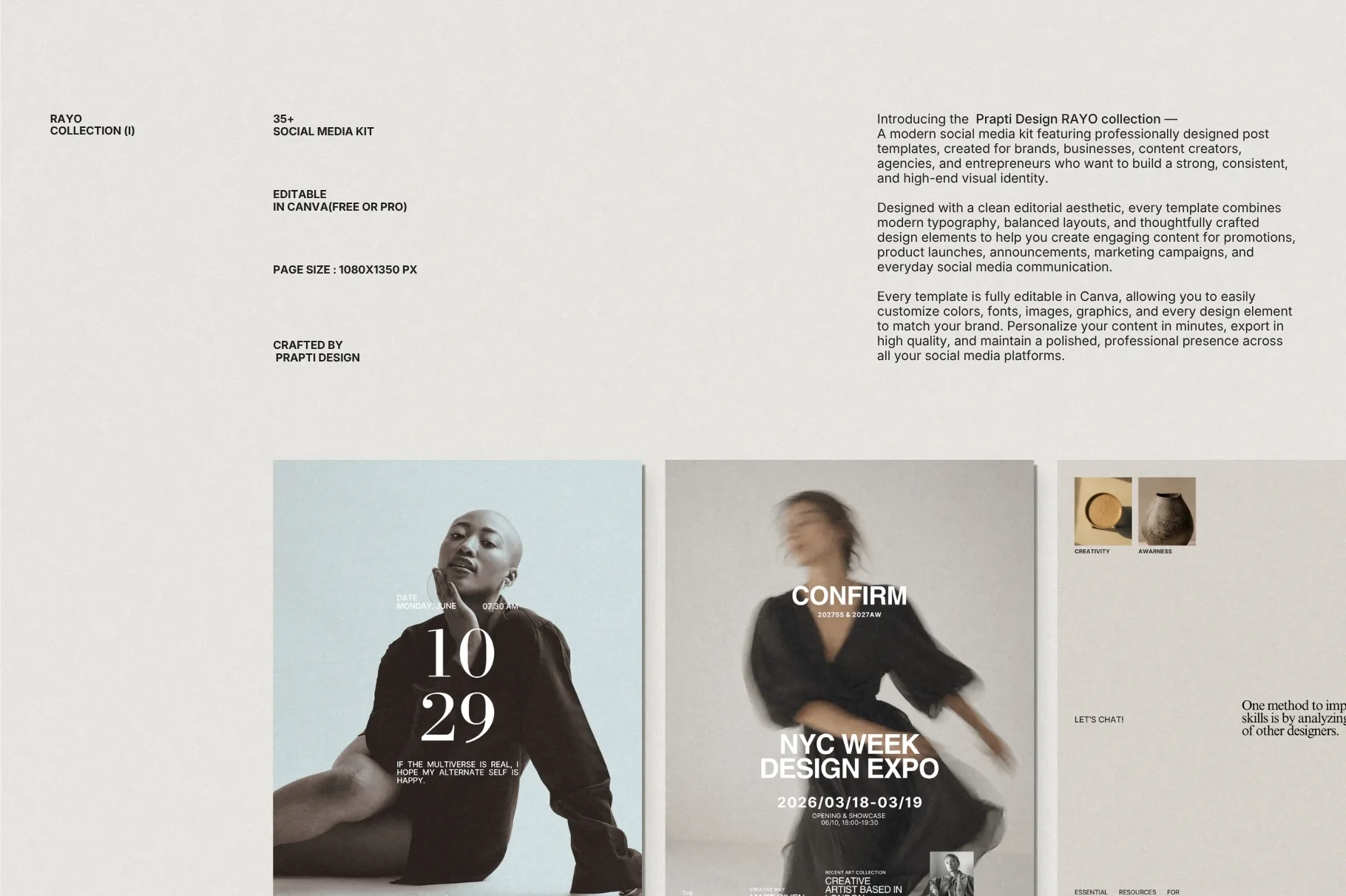 RAYO Instagram post templates featuring modern layouts, photography, typography, and promotional content.