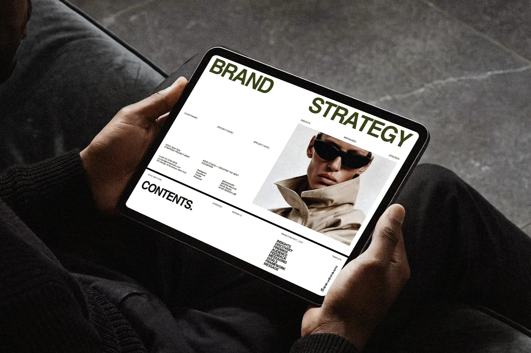 KOVE Brand Strategy presentation shown on a tablet with professional branding layouts and editorial imagery.