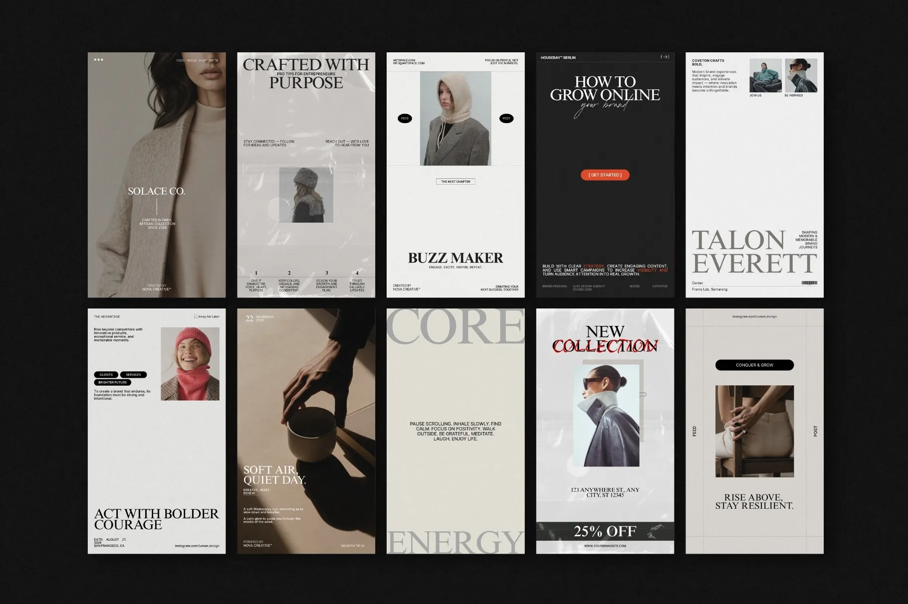 ZUNO Instagram Posts & Stories Kit showcasing a collection of modern Instagram templates with fashion imagery, promotional layouts, and editorial typography.