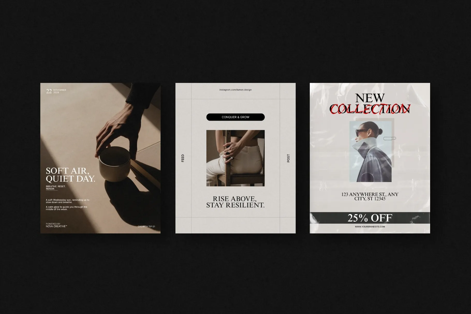 ZUNO Instagram Posts Kit showcasing modern Instagram post designs with fashion photography, promotional messaging, and clean typography.