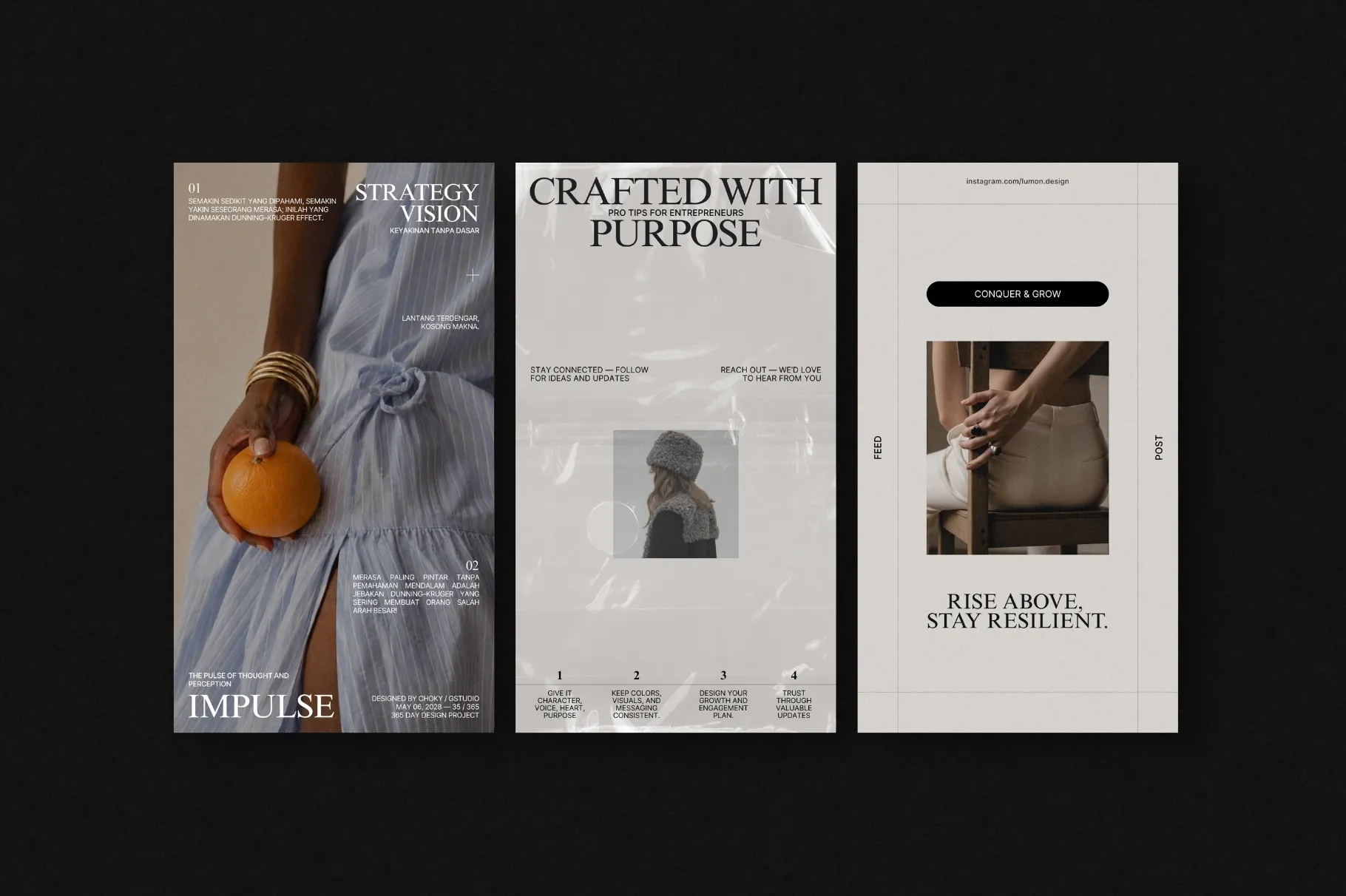 ZUNO Instagram Stories Kit showcasing modern Story designs with fashion photography, promotional messaging, and clean typography.