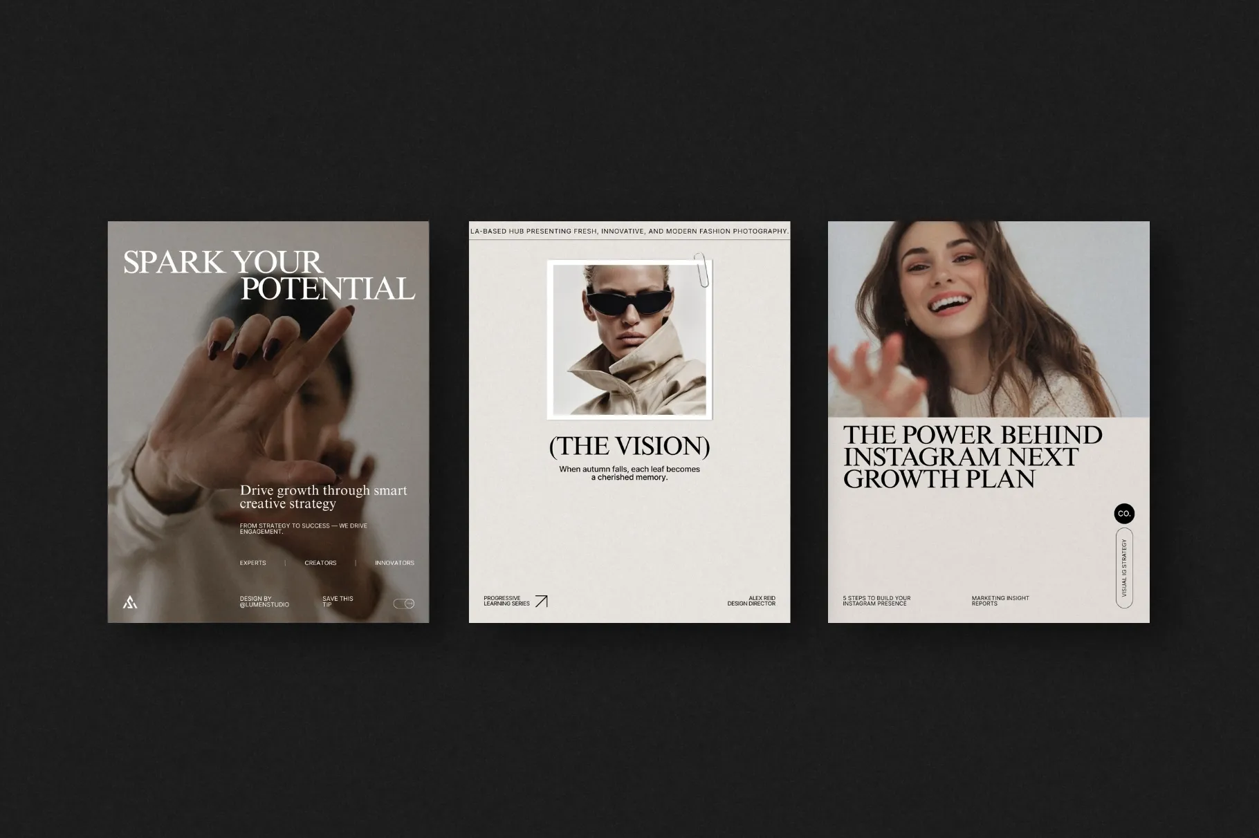 ZUNO Instagram Posts Kit showcasing modern Instagram post designs with fashion photography, promotional messaging, and editorial typography.
