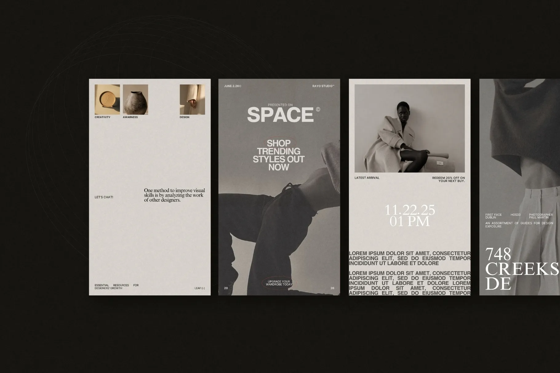 RAYO Instagram Story templates featuring modern layouts, typography, photography, and promotional designs.