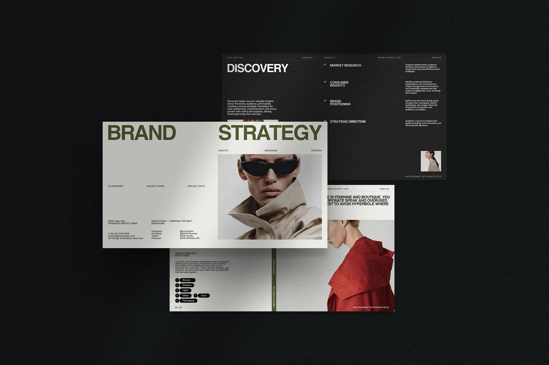 KOVE Brand Strategy Template featuring modern presentation layouts, brand strategy sections, typography, and photography.