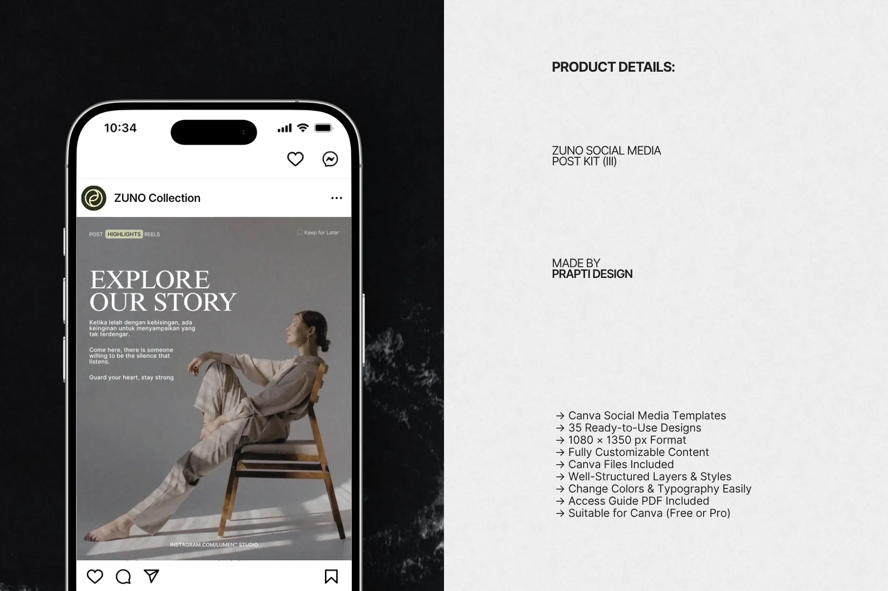 ZUNO Instagram Posts Kit displayed on a smartphone with a modern Instagram post design alongside product information and clean typography.