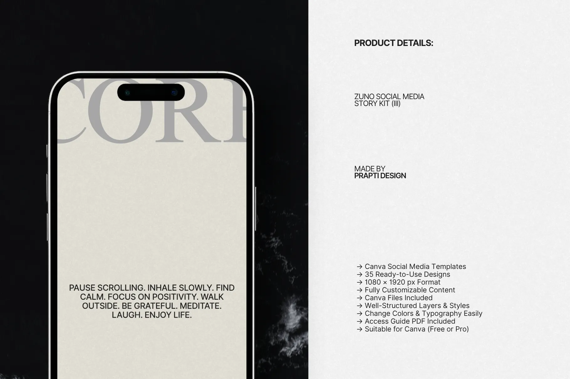 ZUNO Instagram Stories Kit displayed on a smartphone with a modern Story design alongside product information and clean typography.