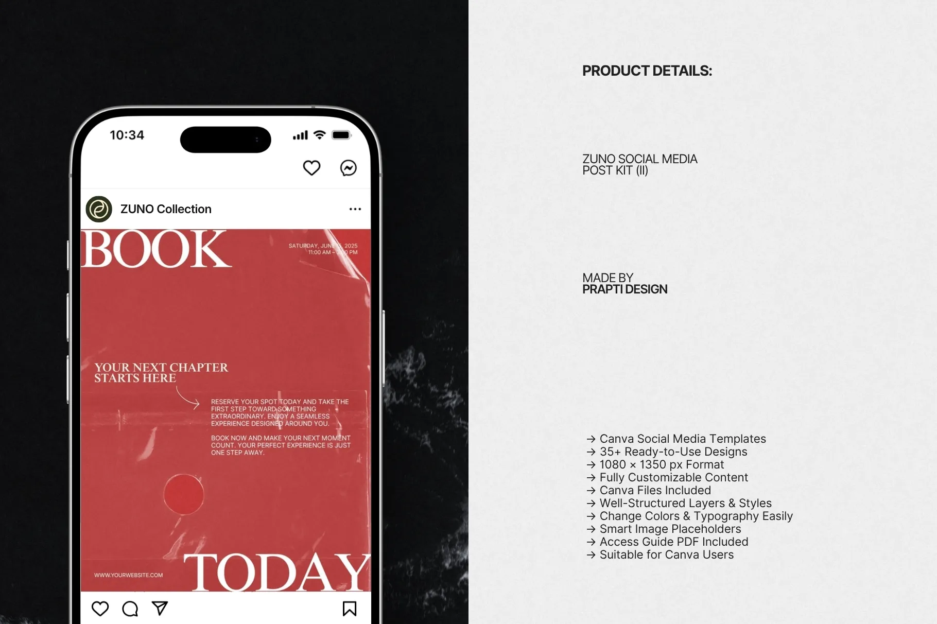 ZUNO Instagram Posts Kit displayed on a smartphone with a modern promotional post design alongside product details and presentation layouts.