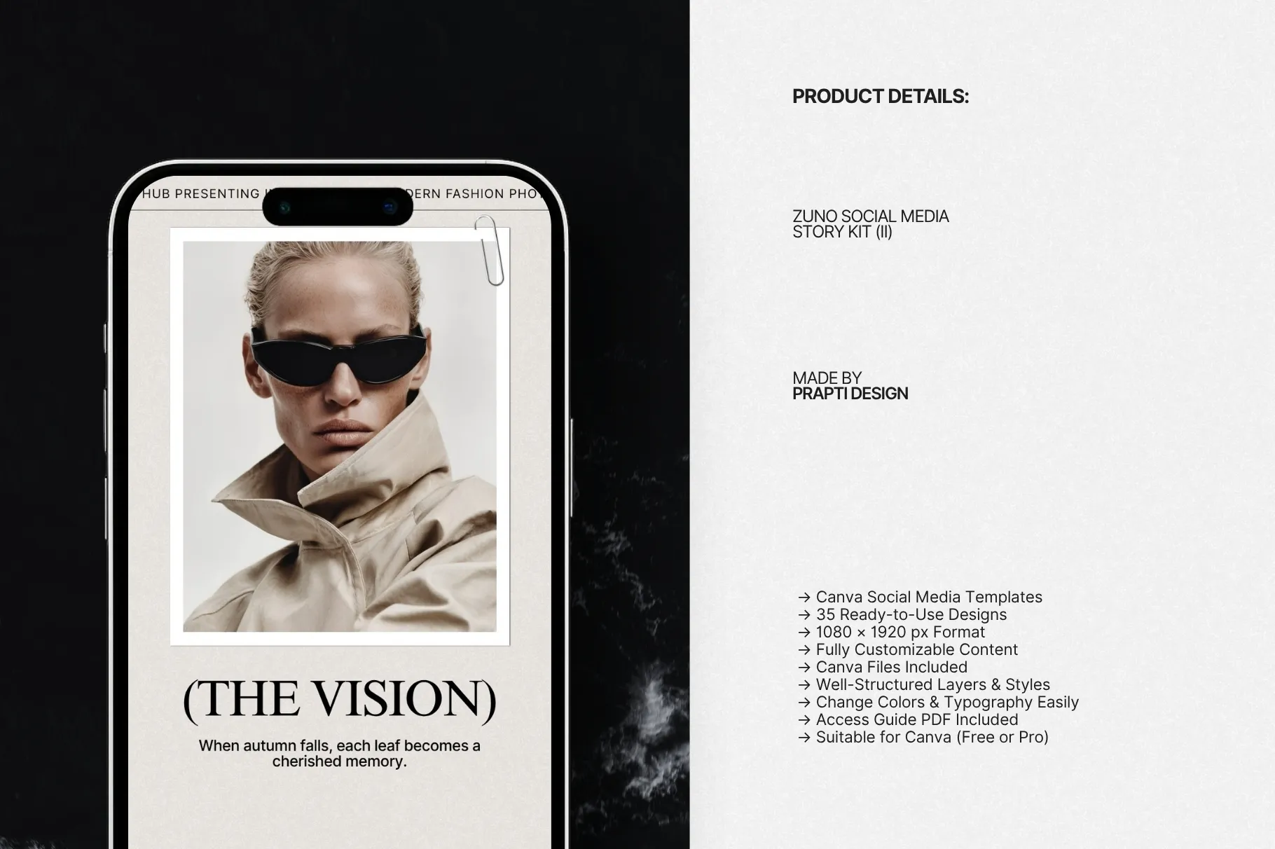 ZUNO Instagram Stories Kit displayed on a smartphone with a modern Instagram Story design alongside product information and presentation details.