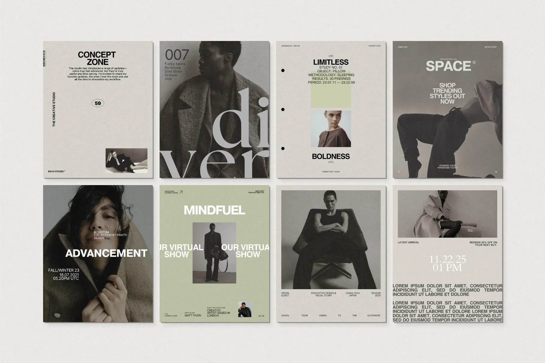 RAYO Instagram post templates featuring multiple modern layouts, neutral colors, photography, and editorial designs.