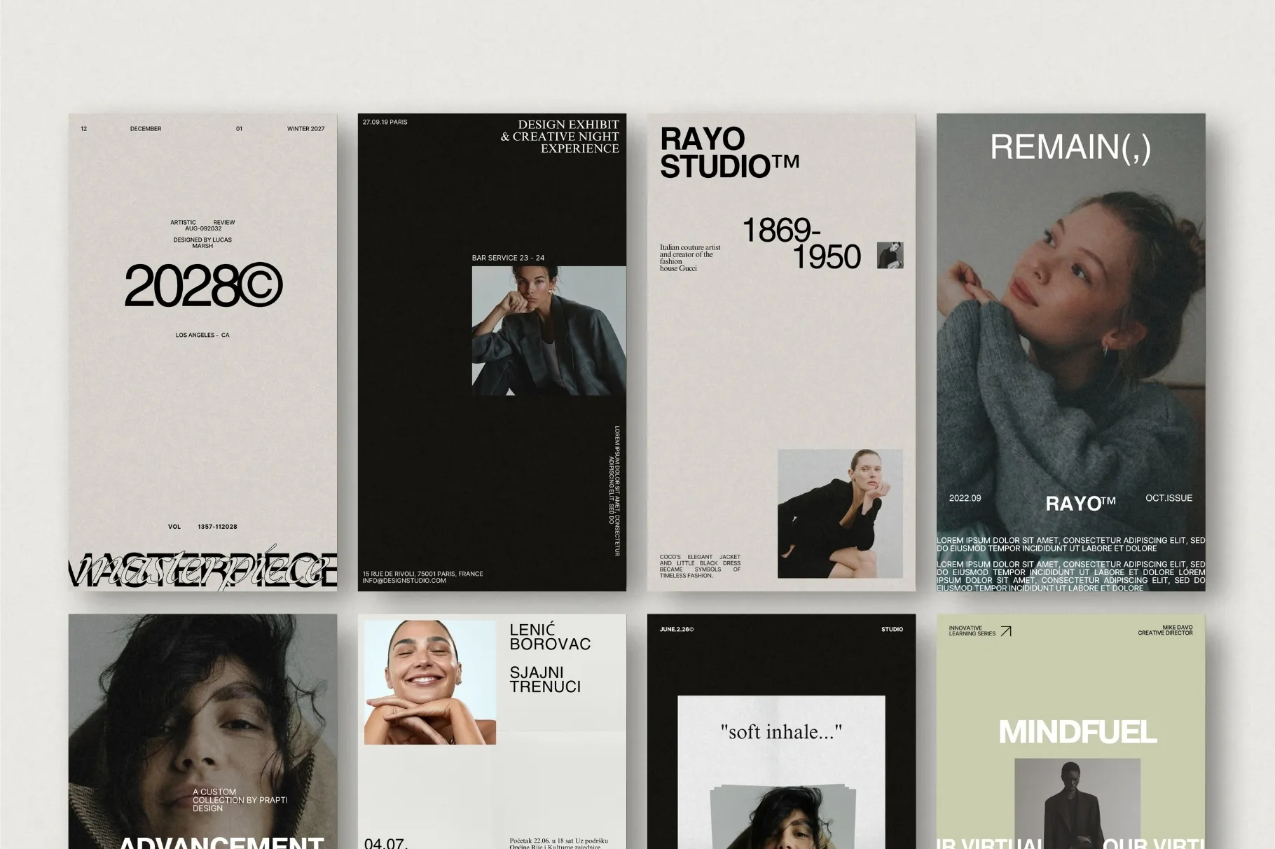 RAYO Instagram Story templates featuring multiple modern layouts, editorial typography, photography, and creative content.