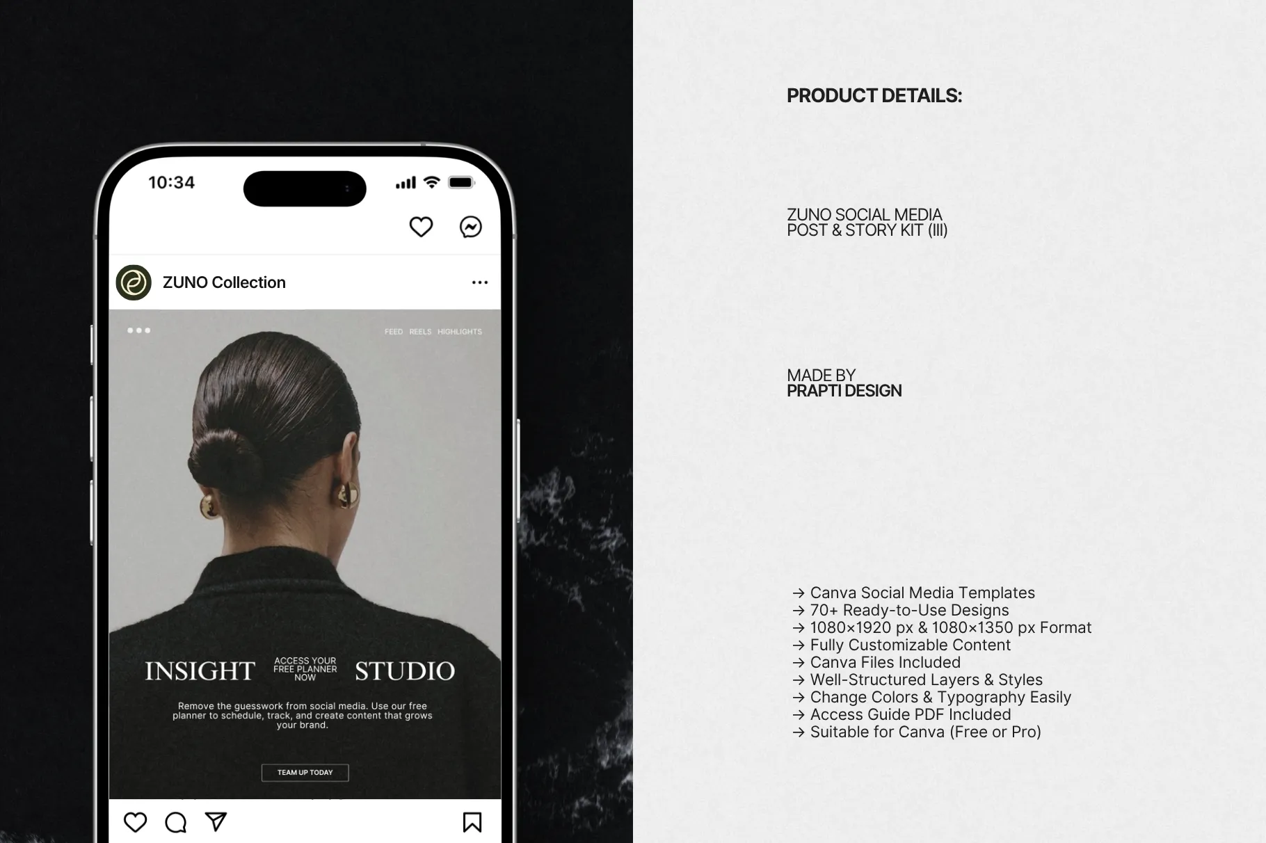 ZUNO Instagram Posts & Stories Kit displayed on a smartphone with a modern Instagram design and accompanying product details layout.