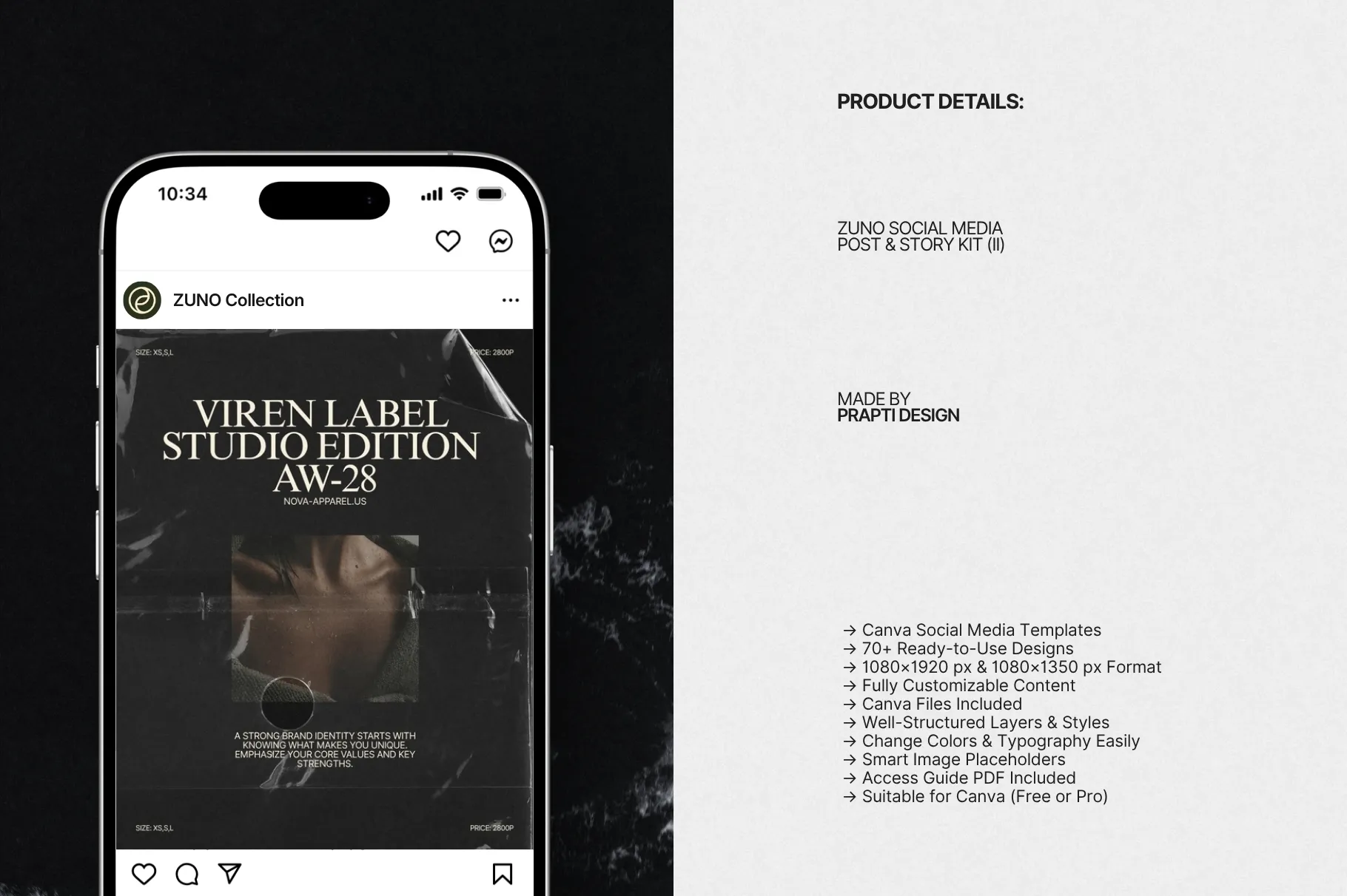 ZUNO Instagram Posts & Stories Kit displayed on a smartphone with a modern Instagram design alongside product details and clean presentation layouts.