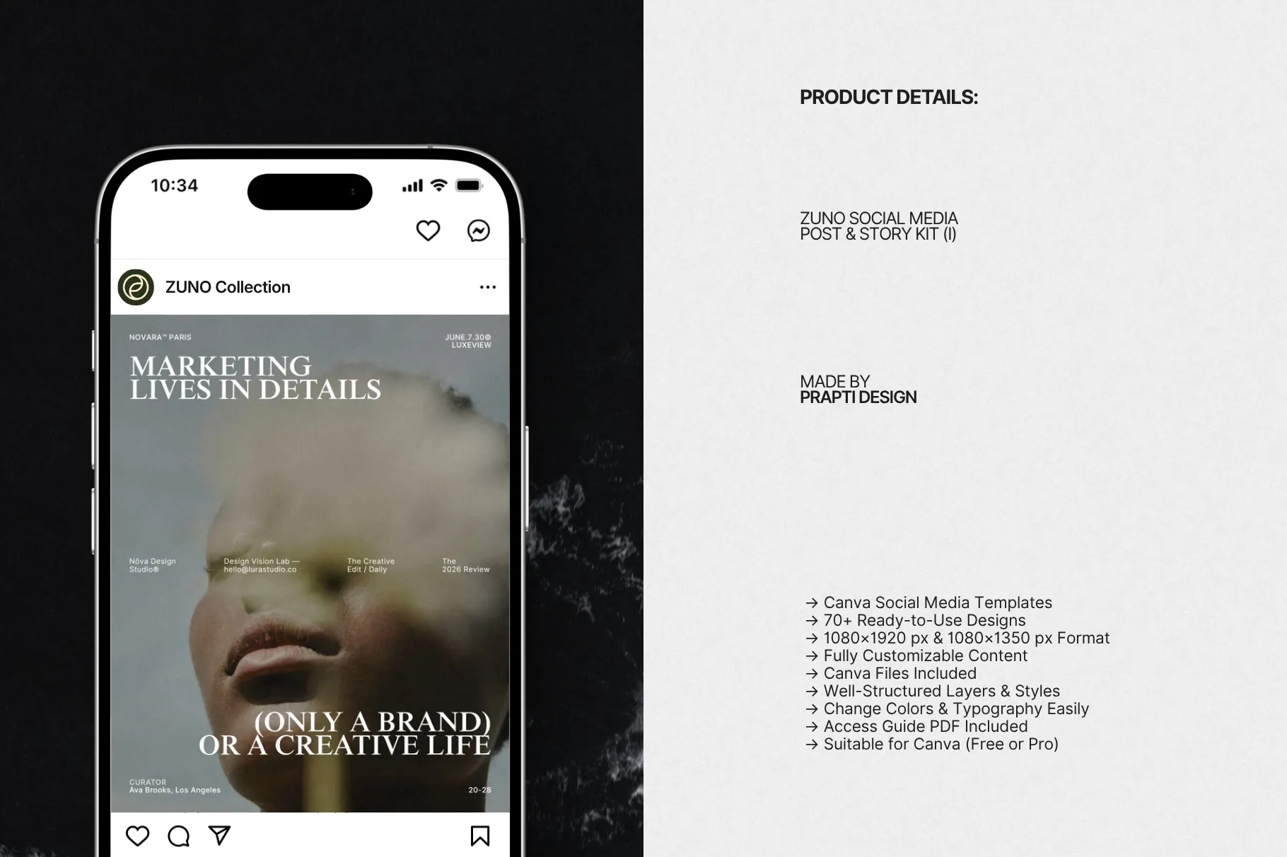 ZUNO Instagram Posts & Stories Kit displayed on a smartphone with a modern brand-focused Instagram design alongside product information.