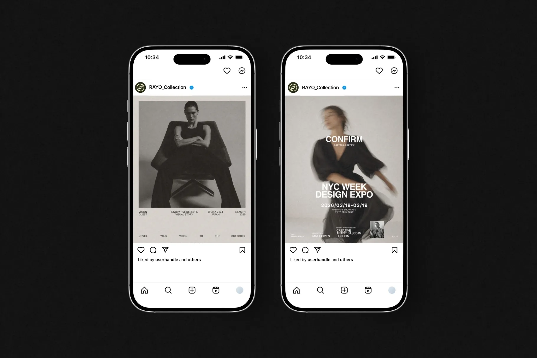 RAYO Instagram post templates displayed on smartphone mockups with stylish editorial and promotional designs.