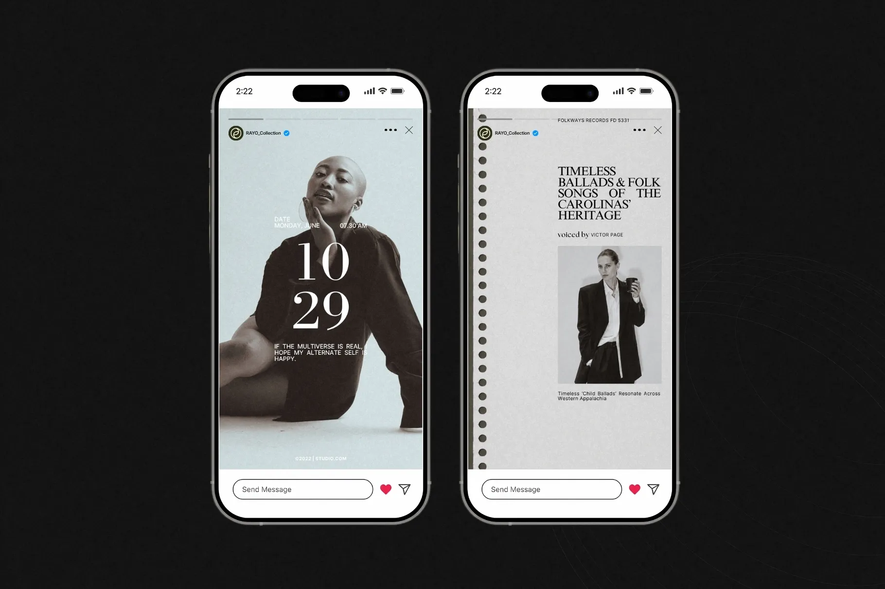 RAYO Instagram Story templates displayed on smartphone mockups with stylish editorial and promotional designs.