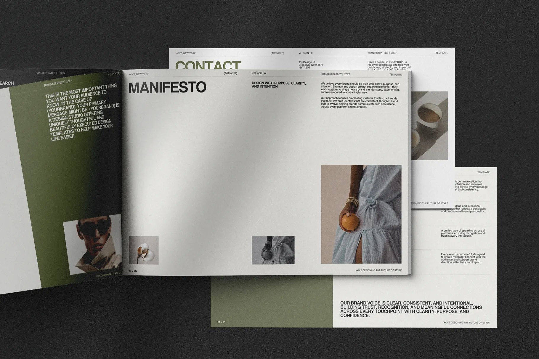 KOVE Brand Strategy Template featuring manifesto and strategy presentation layouts with modern typography and imagery.