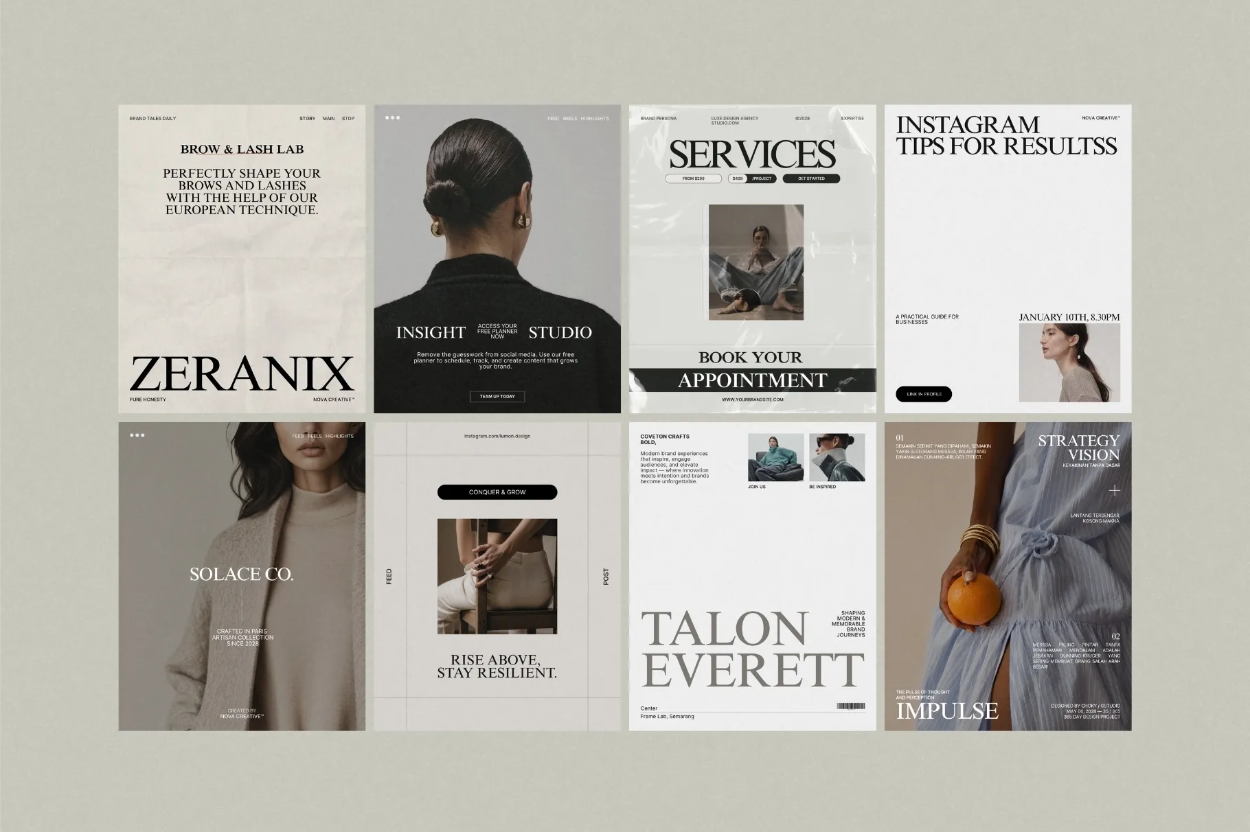 ZUNO Instagram Posts Kit showcasing a collection of modern Instagram post layouts for services, promotions, products, and editorial content.