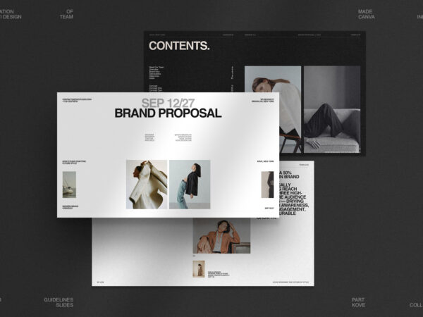 Home 23 KOVE Brand Proposal Template featuring a professional brand proposal cover and modern presentation layouts with clean typography and editorial design.